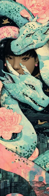 Free dragon bookmark featuring green dragons surrounding a person